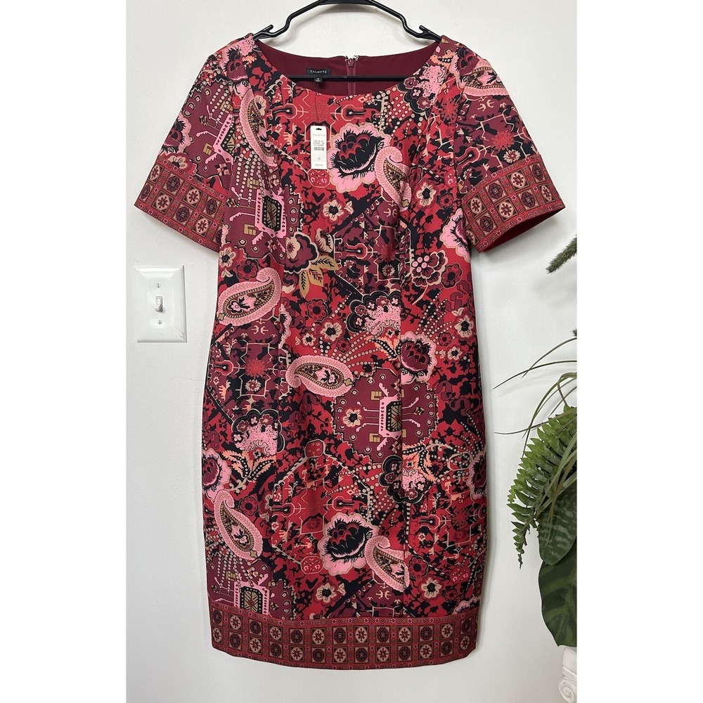NWT Talbots Asian Paisley Art Wear Sheath‎ Short Sleeve Red Dress Sz 12